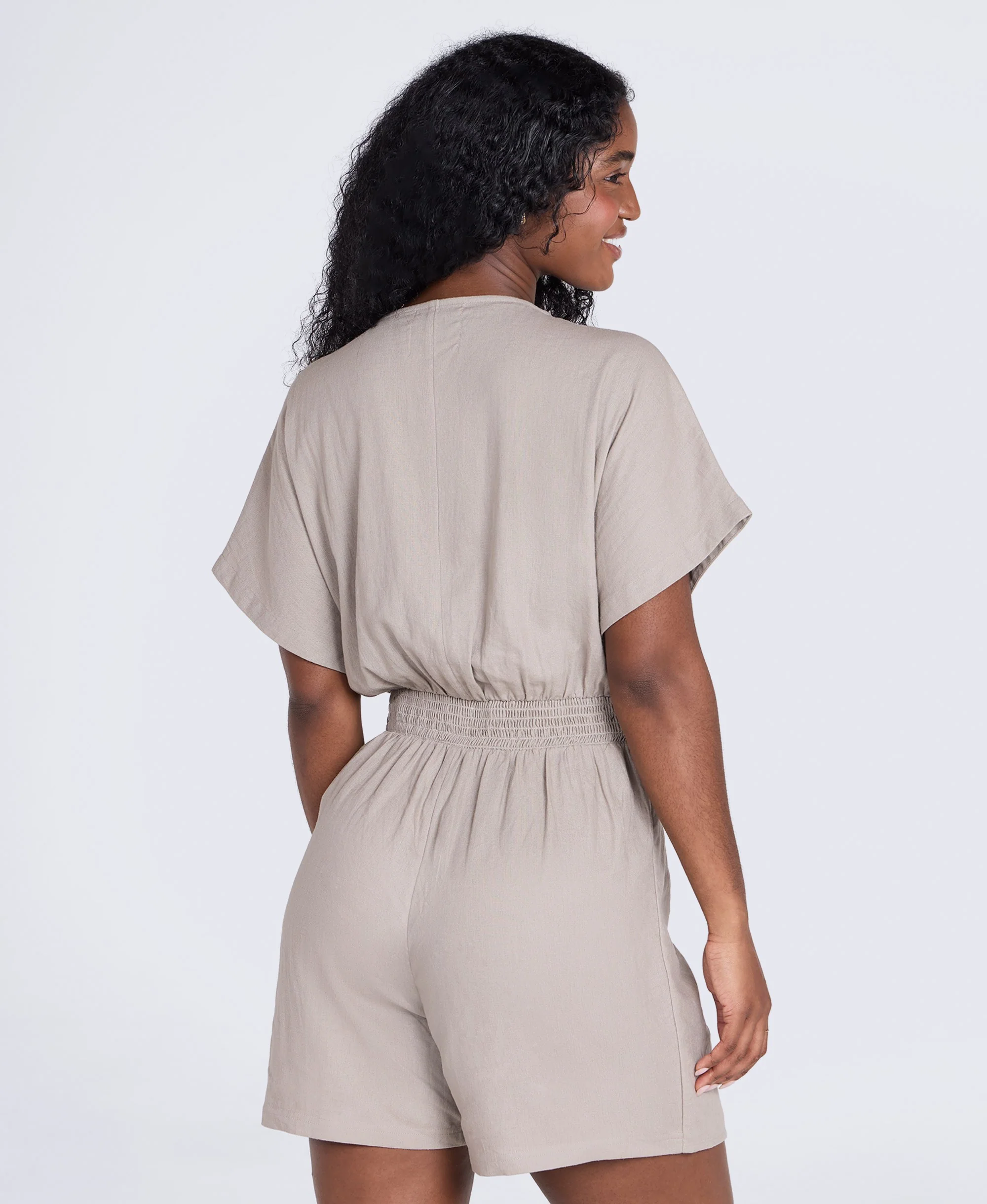 Linen Womens Wrap Playsuit - Taupe - Image 3