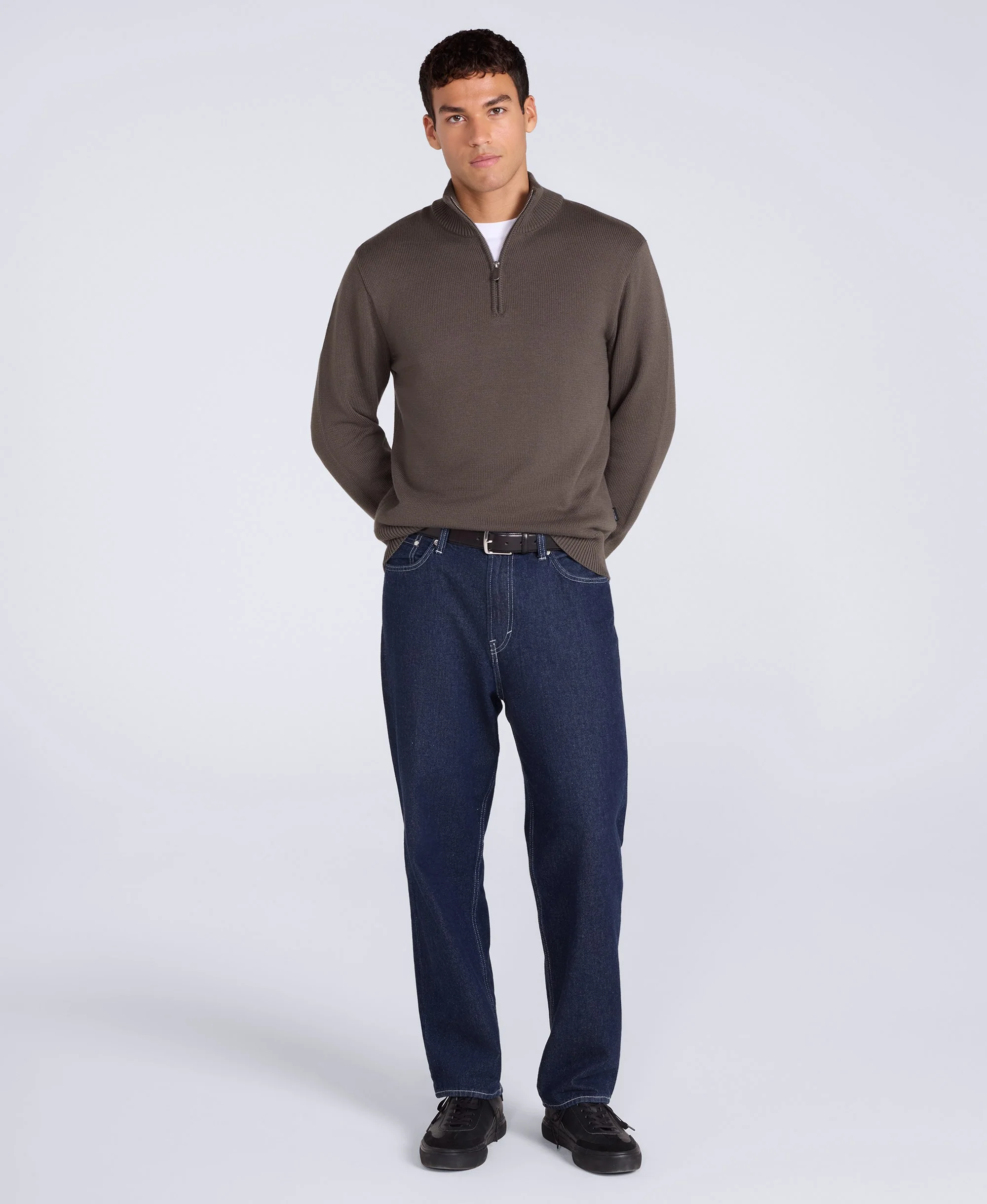 Mens Ribbed Quarter Zip Jumper - Khaki - Image 2